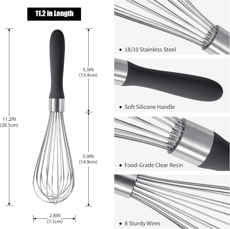 Doosu 18/8 Stainless Steel Balloon Whisk, Kitchen Whisk for Cooking Handheld Egg Beater with Rust-Proof Sturdy Wires & Non-Slip Silicone Handle for Beating, Stirring, Blending (8 Wires, Black) - Image 2